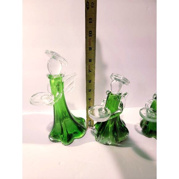 VTG Christmas Angels Art Glass Figurines Set of 3 Votive Candle Holders Green - Picture 9 of 14